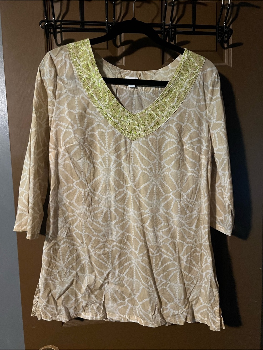 Calypso Tunic Top Womens Medium Beige Tan Cotton Stretch Floral V Neck Boho 80s